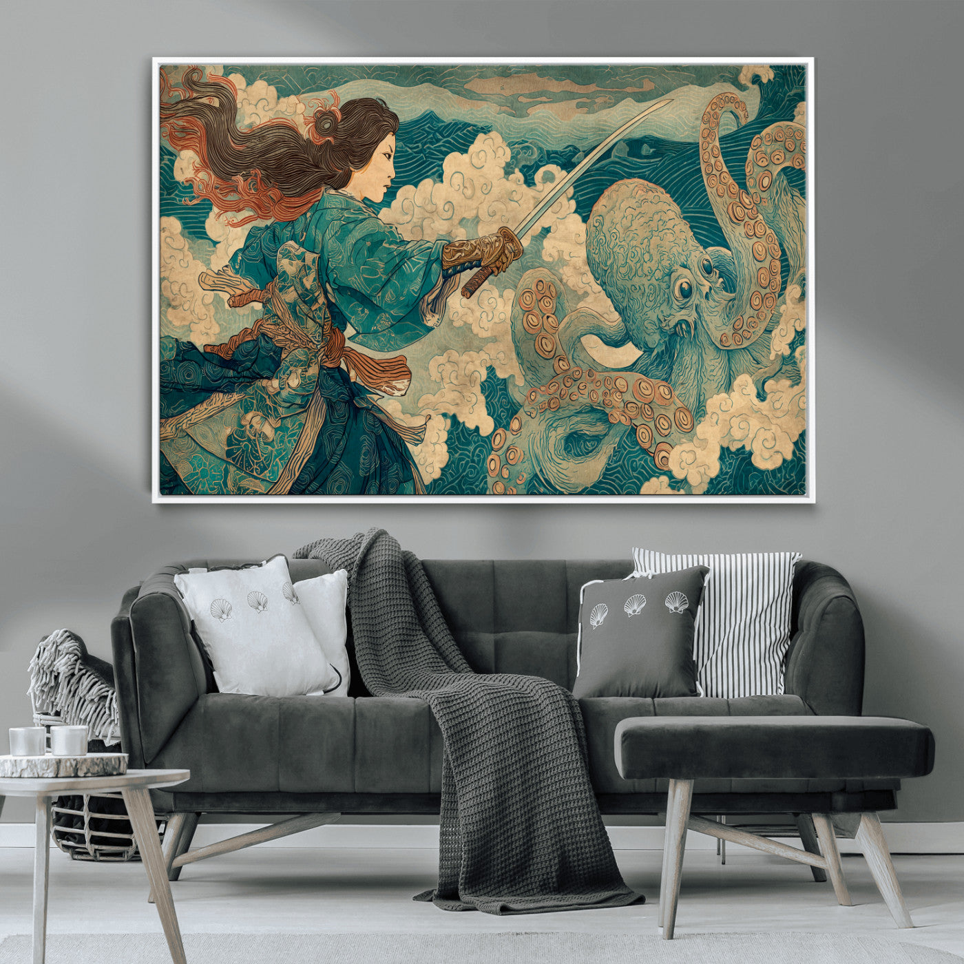 37943964-MGV-CV-36X24-Tsukioka Yoshitoshi Samurai Wall Art Print, Japanese Katana Warrior Canvas Wall Art, Octopus Sea Monster Canvas Print,