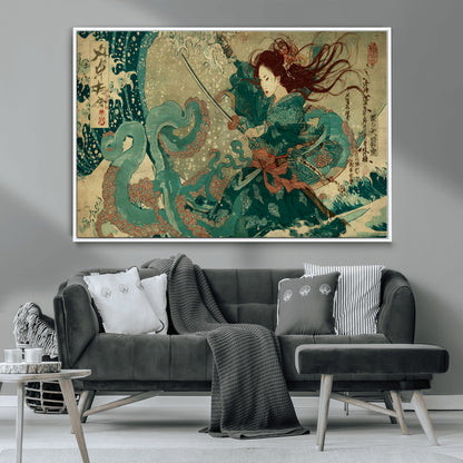 86918027-MGV-CV-36X24-Tsukioka Yoshitoshi Samurai Wall Art Print, Japanese Katana Warrior Canvas Wall Art, Octopus Sea Monster Canvas Print,