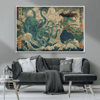 60346622-MGV-CV-36X24-Tsukioka Yoshitoshi Samurai Wall Art Print, Japanese Katana Warrior Canvas Wall Art, Octopus Sea Monster Canvas Print,