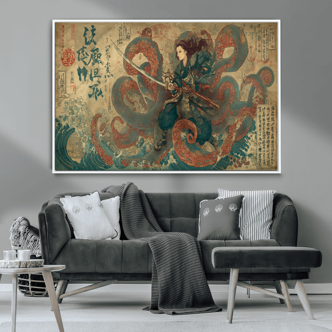 98593115-MGV-CV-36X24-Samurai Warrior vs Octopus Wall Art – Japanese Ukiyo-e Calligraphy Canvas Print, Ocean Battle Scene Artwork for Living Room,
