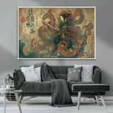 98593115-MGV-CV-36X24-Samurai Warrior vs Octopus Wall Art – Japanese Ukiyo-e Calligraphy Canvas Print, Ocean Battle Scene Artwork for Living Room,