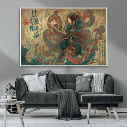98593115-MGV-CV-36X24-Samurai Warrior vs Octopus Wall Art – Japanese Ukiyo-e Calligraphy Canvas Print, Ocean Battle Scene Artwork for Living Room,