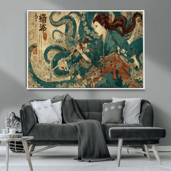 18575670-MGV-CV-36X24-Tsukioka Yoshitoshi Samurai Wall Art Print, Japanese Katana Warrior Canvas Wall Art, Octopus Sea Monster Canvas Print,