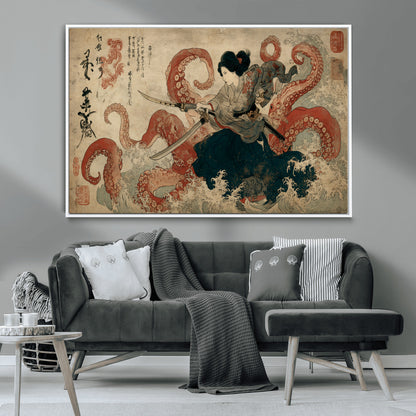 50812504-MGV-CV-36X24-Tsukioka Yoshitoshi Samurai Wall Art Print, Japanese Katana Warrior Canvas Wall Art, Octopus Sea Monster Canvas Print,