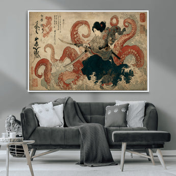 50812504-MGV-CV-36X24-Samurai Woman vs Octopus Wall Art – Japanese Ukiyo-e Red Tentacle Canvas Print, Ocean Battle Artwork for Living Room, Office, Man
