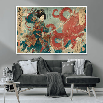 68844327-MGV-CV-36X24-Tsukioka Yoshitoshi Samurai Wall Art Print, Japanese Katana Warrior Canvas Wall Art, Octopus Sea Monster Canvas Print,
