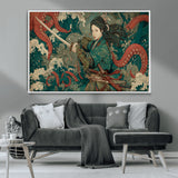35461724-MGV-CV-36X24-Samurai Woman vs Octopus Wall Art – Japanese Ukiyo-e Ocean Waves Canvas Print, Red Tentacle Battle Artwork for Living Room,