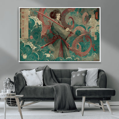91666601-MGV-CV-36X24-Samurai Woman vs Octopus Wall Art – Japanese Ukiyo-e Green Robe Canvas Print, Ocean Battle Artwork for Living Room, Office, Man
