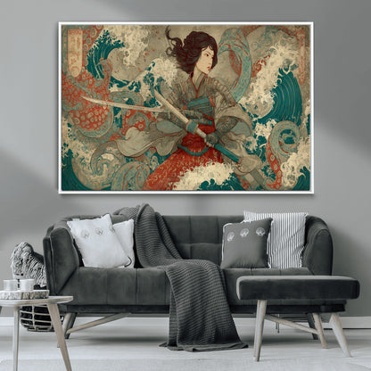 37797255-MGV-CV-36X24-Samurai Woman vs Octopus Wall Art – Japanese Ukiyo-e Red Armor Ocean Battle Canvas Print, Warrior Artwork for Living Room, Office,