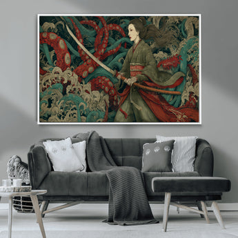 18902796-MGV-CV-36X24-Samurai Woman vs Octopus Wall Art – Japanese Ukiyo-e Green Kimono Canvas Print, Ocean Battle Scene Artwork for Living Room,