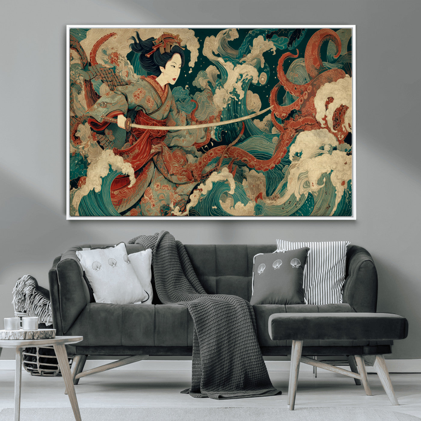 30212982-MGV-CV-36X24-Samurai Woman vs Octopus Wall Art – Japanese Ukiyo-e Style Warrior and Sea Monster Canvas Print, Mythology Inspired Artwork for