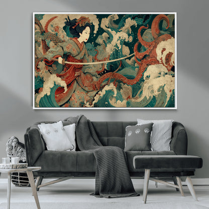 30212982-MGV-CV-36X24-Samurai Woman vs Octopus Wall Art – Japanese Ukiyo-e Style Warrior and Sea Monster Canvas Print, Mythology Inspired Artwork for