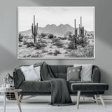 97436PHN-MGV-CV-36X24-Desert Landscape Wall Art – Black and White Cactus and Mountain Canvas Print, Southwestern Nature Photography for Living Room,