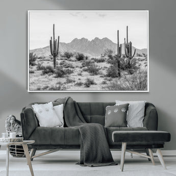 97436PHN-MGV-CV-36X24-Desert Landscape Wall Art – Black and White Cactus and Mountain Canvas Print, Southwestern Nature Photography for Living Room,