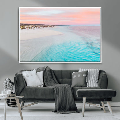 41613614-MGV-CV-36X24-Beach Sunset Wall Art – Pastel Ocean Canvas Print, Turquoise Water and Pink Sky Photography Decor for Bedroom, Living Room, Office