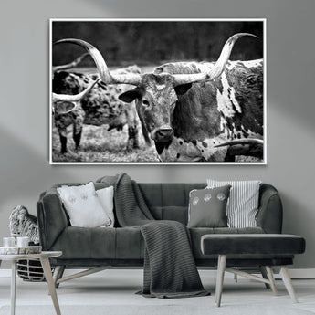 15425553-MGV-CV-36X24-Western Wall Art – Longhorn Cattle Black and White Canvas Print, Rustic Ranch Photography Decor for Bedroom, Living Room, Office,