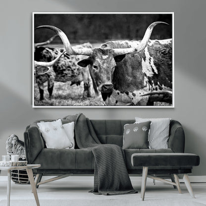 15425553-MGV-CV-36X24-Western Wall Art – Longhorn Cattle Black and White Canvas Print, Rustic Ranch Photography Decor for Bedroom, Living Room, Office,