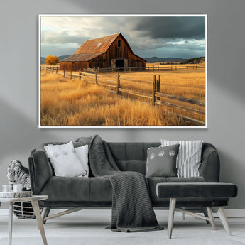 16480179-MGV-CV-36X24-Farmhouse Wall Art – Rustic Barn and Golden Field Canvas Print, Country Landscape Photography Decor for Bedroom, Living Room,