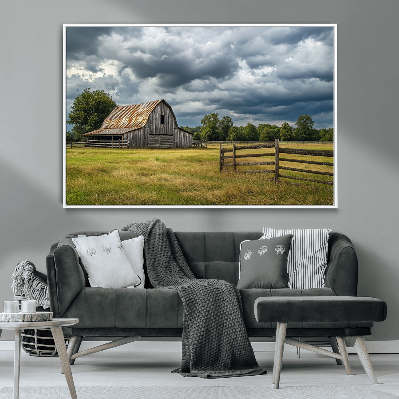 39409517-MGV-CV-36X24-Rustic Barn Wall Art – Weathered Farmhouse and Storm Clouds Canvas Print, Country Landscape Photography Decor for Bedroom, Living