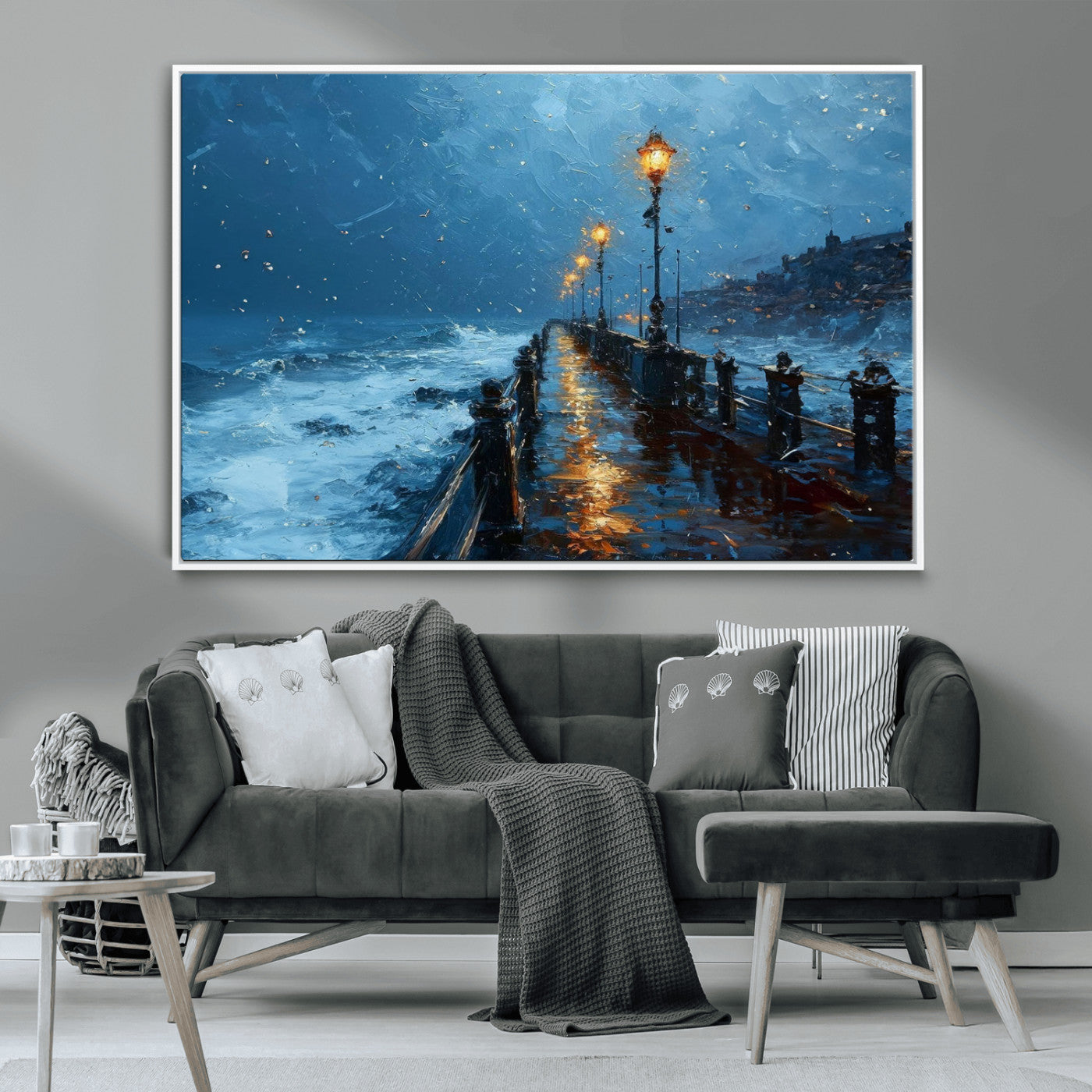 93793246-MGV-CV-36X24-Stormy Night Pier Canvas Wall Art – Moody Ocean Landscape with Lights, Blue Coastal Seascape Print for Bedroom, Living Room,