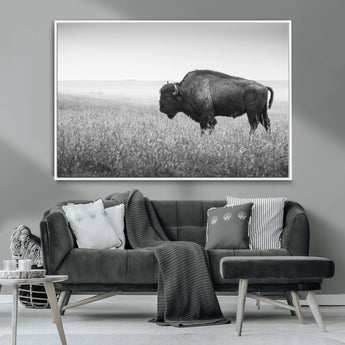 90861202-MGV-CV-36X24-Black and White Bison Canvas Wall Art – Rustic American Buffalo Print, Western Wildlife Photography for Farmhouse, Cabin, Office