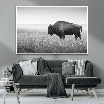 90861202-MGV-CV-36X24-Black and White Bison Canvas Wall Art – Rustic American Buffalo Print, Western Wildlife Photography for Farmhouse, Cabin, Office