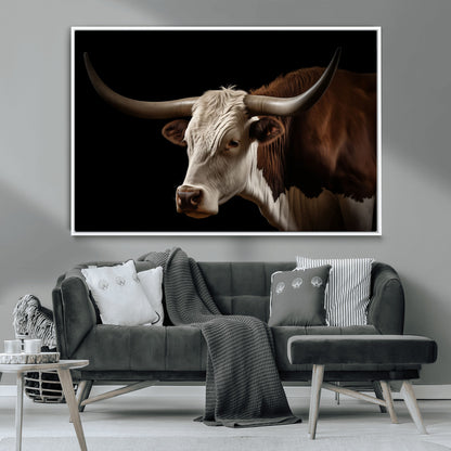 27414857-MGV-CV-36X24-Longhorn Bull Wall Art – Dramatic Western Steer Portrait Canvas Print, Rustic Farmhouse Animal Decor for Living Room, Office, or