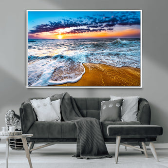 24077769-MGV-CV-36X24-Sunset Beach Wall Art – Ocean Waves Canvas Print, Golden Shoreline Photography Coastal Decor for Living Room, Bedroom, Office,