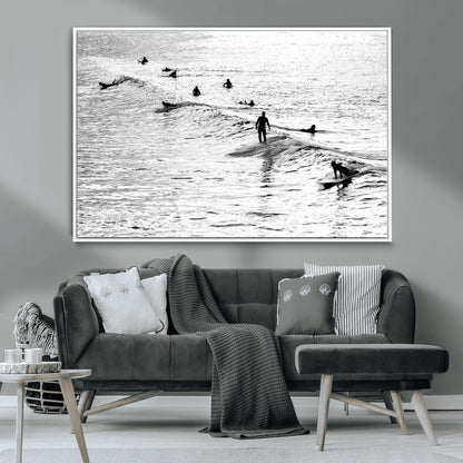68018616-MGV-CV-36X24-Black and White Surf Photography Print – Minimalist Ocean Wall Art, Surfers Riding Waves, Coastal Beach Decor for Modern Home or