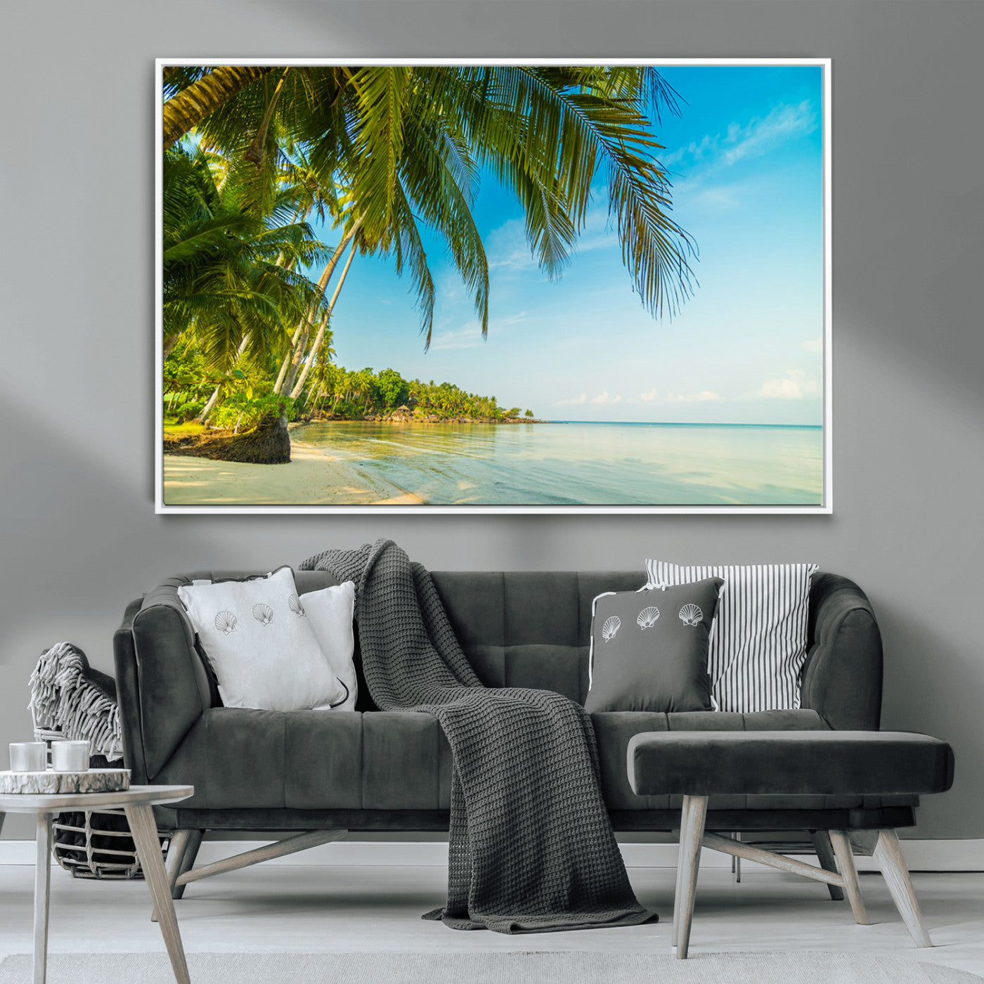 65056721-MGV-CV-36X24-Tropical Beach Wall Art – Palm Tree Coastal Photography Print, Relaxing Ocean Paradise Landscape, Island Seascape Home or Office