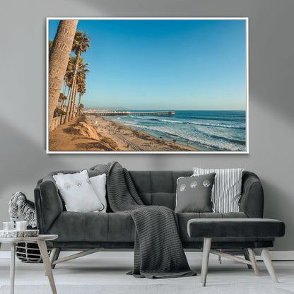 92568259-MGV-CV-36X24-California Beach Wall Art – Palm Tree Pier Canvas Print, Coastal Ocean Photography Seaside Decor for Living Room, Bedroom, Office,