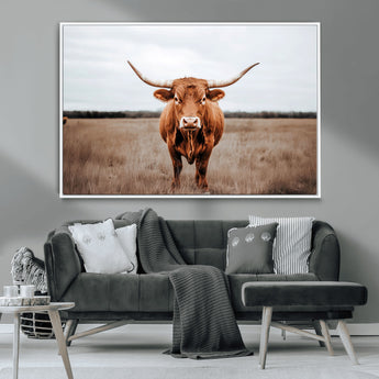 16316734-MGV-CV-36X24-Texas Longhorn Wall Art – Rustic Bull Portrait Canvas Print, Western Farmhouse Animal Photography Decor for Living Room, Office,