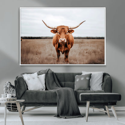 16316734-MGV-CV-36X24-Texas Longhorn Wall Art – Rustic Bull Portrait Canvas Print, Western Farmhouse Animal Photography Decor for Living Room, Office,