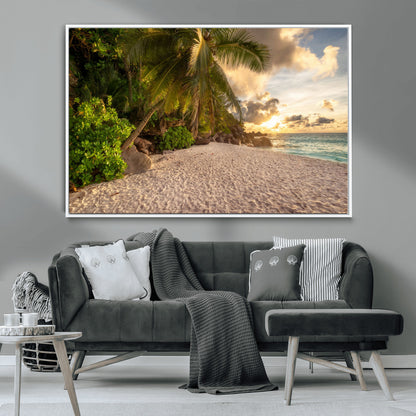 89531159-MGV-CV-36X24-Tropical Beach Sunset Canvas Wall Art – Palm Trees Golden Sand Ocean Waves Coastal Paradise Print for Beach House Bedroom Bathroom