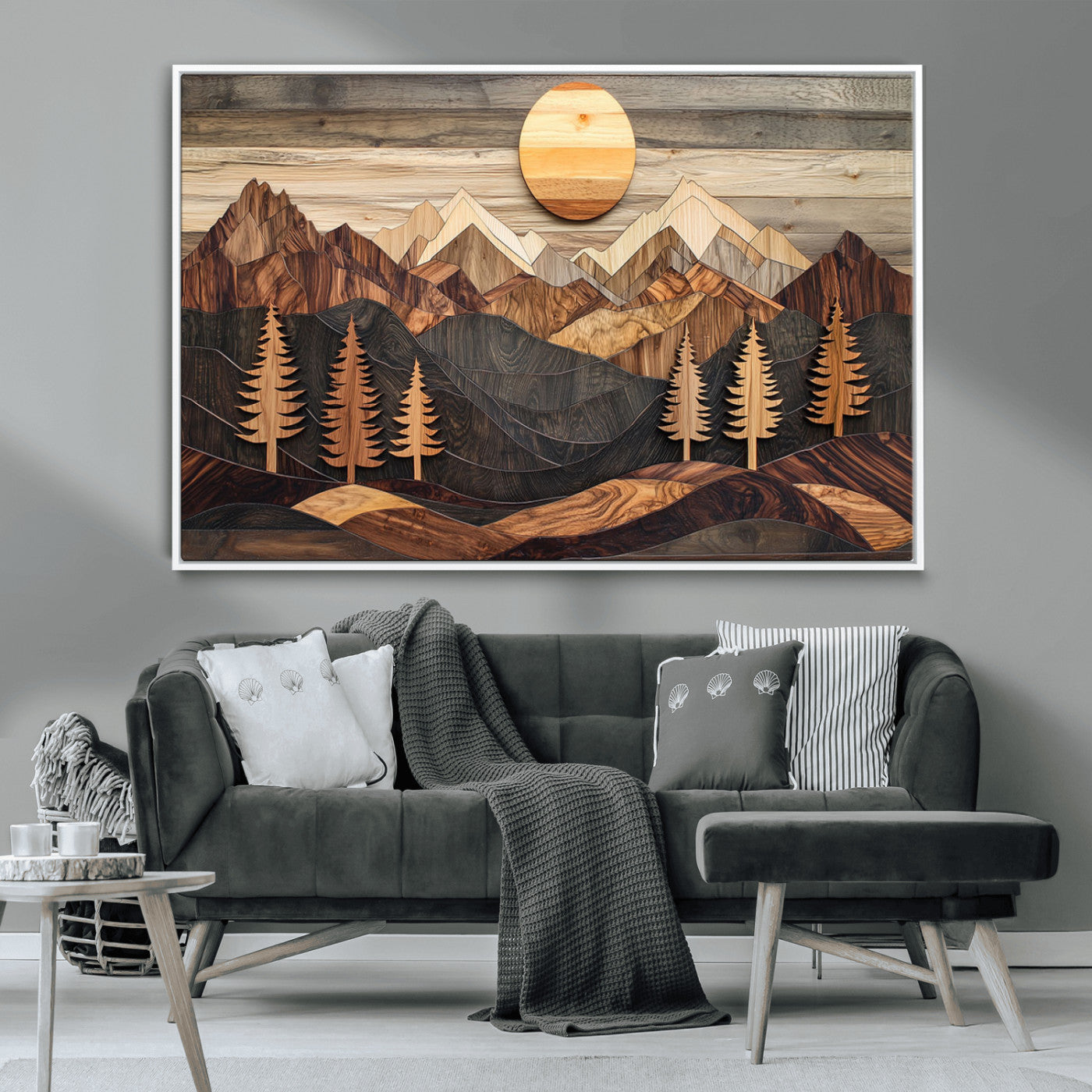 90044381-MGV-CV-36X24-Rustic Wall Art – Wooden Mountain Landscape with Sun and Pine Trees, Handcrafted Nature Canvas Style Decor for Bedroom, Living