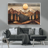 90044381-MGV-CV-36X24-Rustic Wall Art – Wooden Mountain Landscape with Sun and Pine Trees, Handcrafted Nature Canvas Style Decor for Bedroom, Living