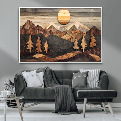90044381-MGV-CV-36X24-Rustic Wall Art – Wooden Mountain Landscape with Sun and Pine Trees, Handcrafted Nature Canvas Style Decor for Bedroom, Living
