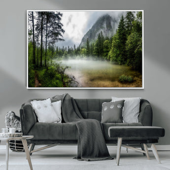 93123937-MGV-CV-36X24-Landscape Wall Art – Misty Mountain Lake Canvas Print, Tranquil Forest and Waterfall Photography Decor for Bedroom, Living Room,