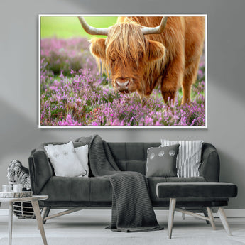 64069351-MGV-CV-36X24-Farmhouse Wall Art – Highland Cow in Wildflowers Canvas Print, Rustic Country Cattle Photography Decor for Bedroom, Living Room,