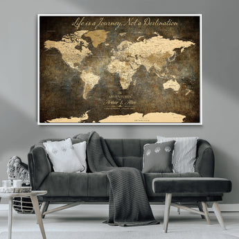 13394308-MGV-CV-36X24-Personalized World Map Wall Art – Dark Rustic Vintage Adventure Travel Map with Custom Couple Names, Timeless Wall Decor for Home
