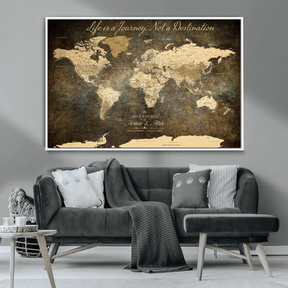 13394308-MGV-CV-36X24-Personalized World Map Wall Art – Dark Rustic Vintage Adventure Travel Map with Custom Couple Names, Timeless Wall Decor for Home