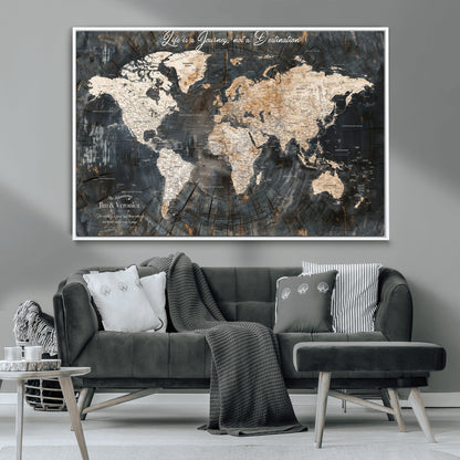 55548943-MGV-CV-36X24-Personalized World Map Wall Art – Rustic Wood Texture Adventure Travel Map with Custom Couple Names, Vintage Dark Wall Decor for