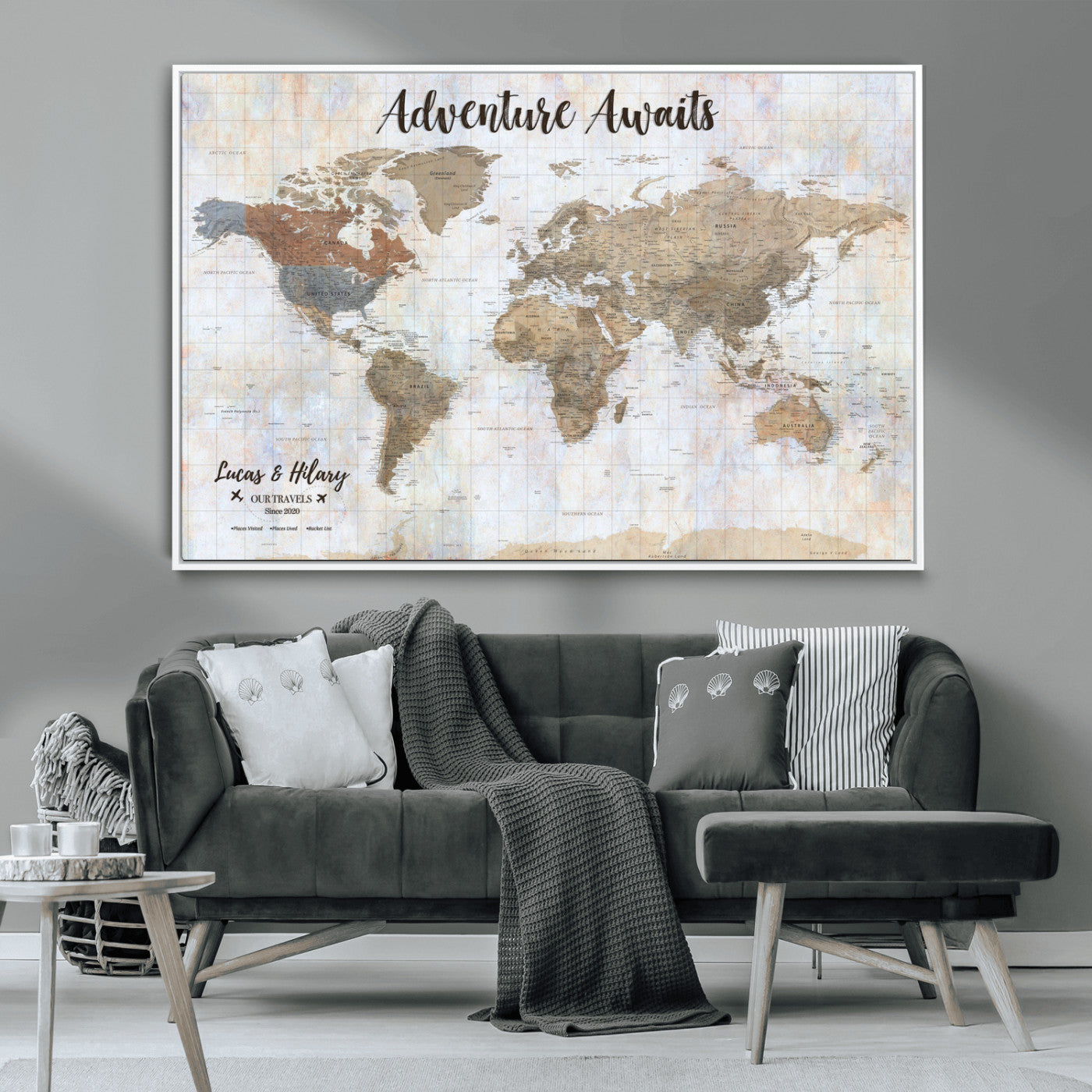 30792405-MGV-CV-36X24-Personalized World Map Wall Art – Rustic Beige Adventure Travel Map with Custom Couple Names, Vintage Wall Decor for Home or