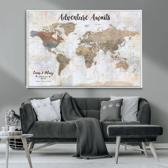 30792405-MGV-CV-36X24-Personalized World Map Wall Art – Rustic Beige Adventure Travel Map with Custom Couple Names, Vintage Wall Decor for Home or