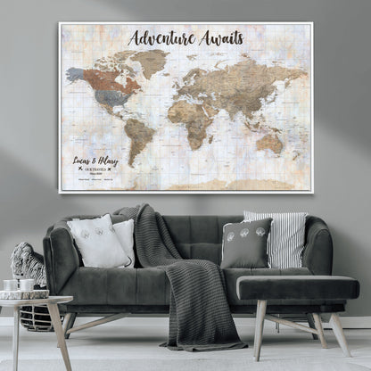 30792405-MGV-CV-36X24-Personalized World Map Wall Art – Rustic Beige Adventure Travel Map with Custom Couple Names, Vintage Wall Decor for Home or