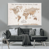 43869621-MGV-CV-36X24-Personalized World Map Wall Art – Light Beige Sepia Adventure Travel Map with Custom Family or Couple Names, Rustic Wall Decor for