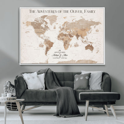 43869621-MGV-CV-36X24-Personalized World Map Wall Art – Light Beige Sepia Adventure Travel Map with Custom Family or Couple Names, Rustic Wall Decor for
