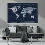76726424-MGV-CV-36X24-Personalized World Map Wall Art – Navy Blue & Grey Adventure Travel Map with Custom Family or Couple Names, Modern Wall Decor for