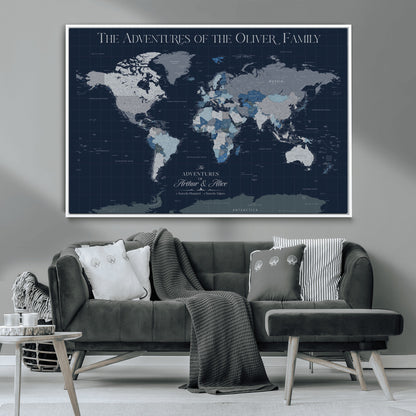 76726424-MGV-CV-36X24-Personalized World Map Wall Art – Navy Blue & Grey Adventure Travel Map with Custom Family or Couple Names, Modern Wall Decor for