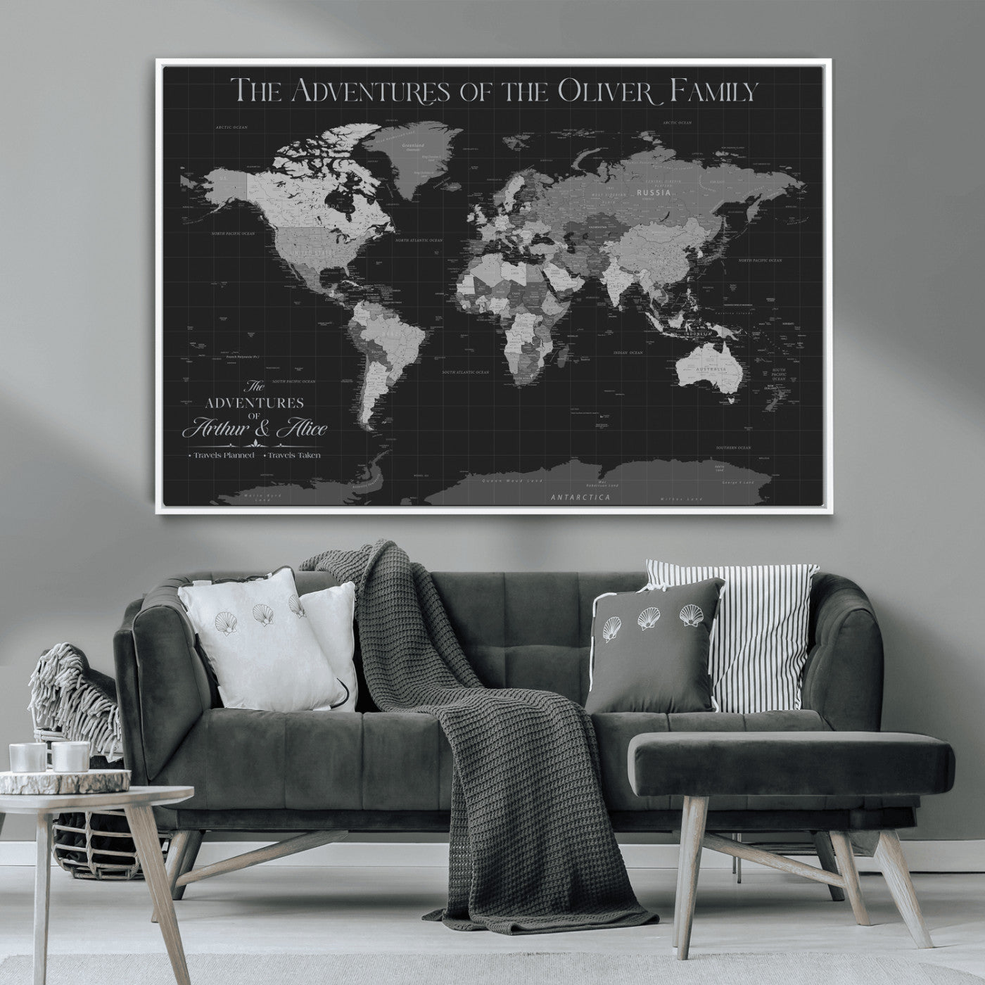 46064114-MGV-CV-36X24-Personalized World Map Wall Art – Black & Grey Adventure Travel Map with Custom Family or Couple Names, Modern Wall Decor for Home